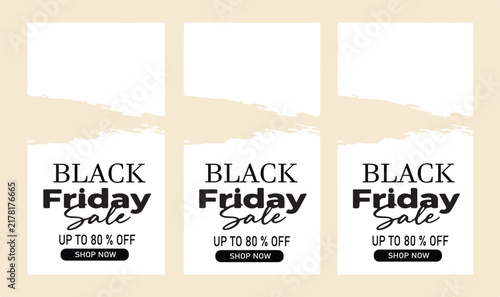 Set of three Black Friday sale social media templates with up to 80 percent off text and shop now buttons for marketing.