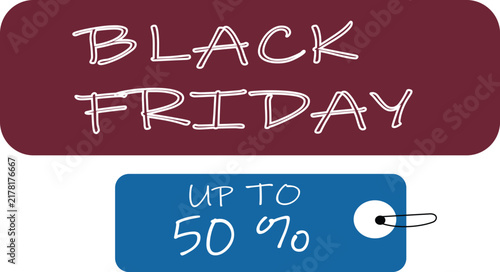 Black Friday sale promotion banner with up to 50 percent off text in dark red tag shape for retail marketing campaign.