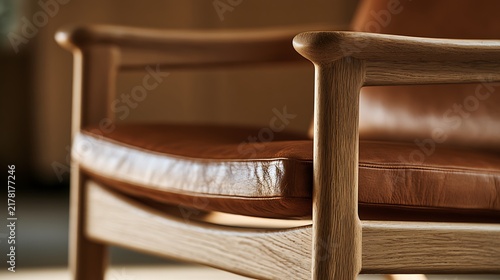Modern Scandinavian wooden chair with leather cushion close up.