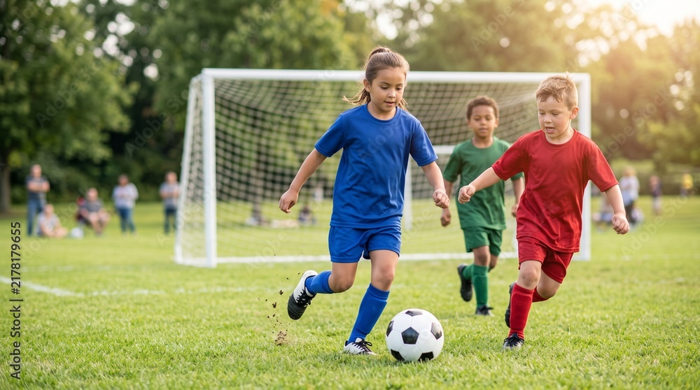 Fototapeta premium Active young boys and girls playing soccer match on green field near goal, highlighting kids team sports and outdoor fitness activity