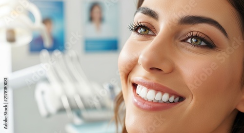 Close portrait of a smiling woman showing her healthy white teeth in a bright clean modern dental clinic
