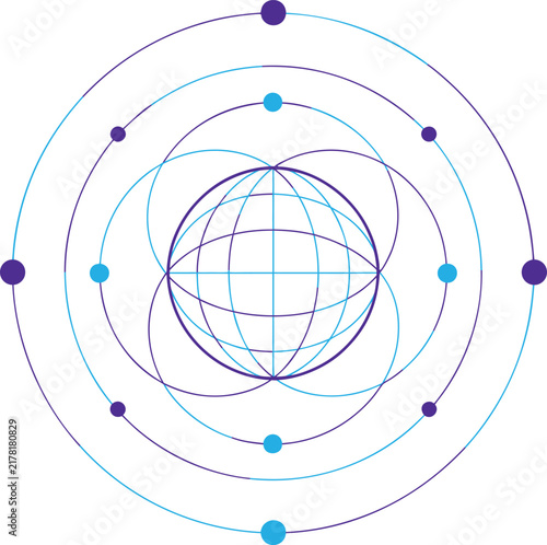 Abstract geometric globe line art vector. Sphere surrounded by concentric orbit circles and node dots for global network logo, tech emblem, science atom icon, and futuristic badge design.