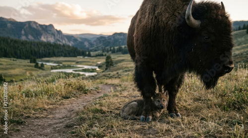 Tapety artystyczne Majestic Bison Standing Guard Over Tiny Wolf Pup in Wilderness.