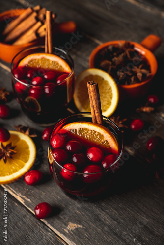Konstfotografi Mulled wine with ingredients on rustic wooden background