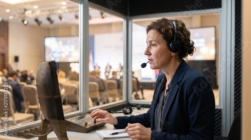 Professional interpreter wearing microphone headset speaking inside translation booth during international summit, representing simultaneous service