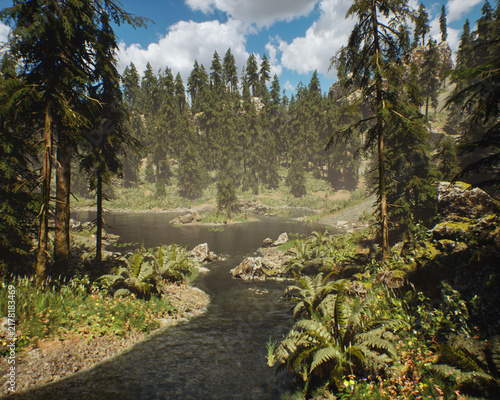Creek between fir trees in mountains under a blue sky with clouds. 3D rendered still image.