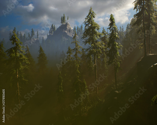 Fir trees in mountainous landscape in the mist. 3D rendered still image.