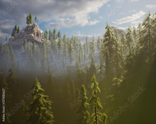 Fir trees in mountainous landscape in the mist. 3D rendered still image.