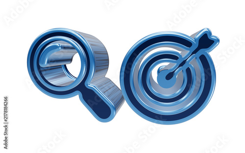 Obraz na płótnie Magnifying Glass and Target Symbol: A stylized 3D representation of a magnifying glass alongside a target with an arrow, symbolizing analysis, search