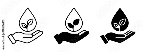 Hand holding sprout under water drop, eco icon set, sustainability concept