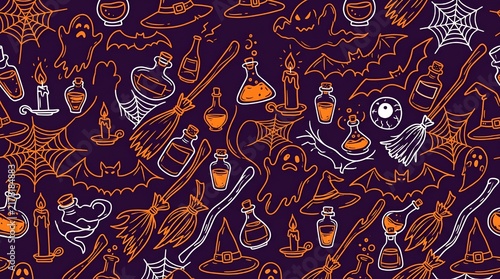 Pattern featuring icons of magic potions and broomsticks against a dark purple Halloween backdrop.