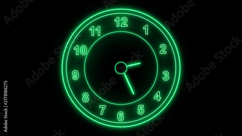 Illuminated clock face displays standard hour markers and hands. Digital clock face monitors scheduled appointments. Modern clock face visual for deadline management.