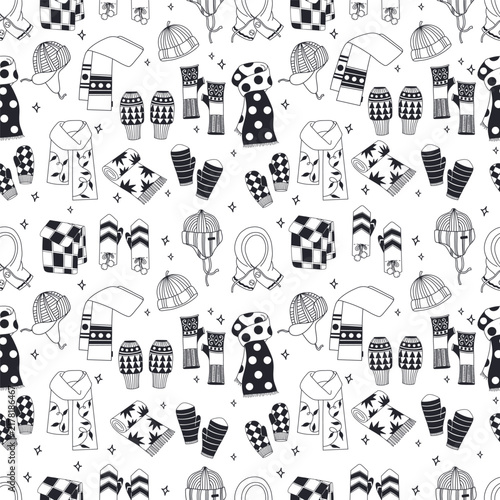 Winter Clothes Scarves Mittens Hats Seamless Pattern. Black Accessories, Ushanka Cap, Balaclava and Fingerless Mitts on White Background. Vector Illustration. Cozy Knitted Hand Drawn Doodle Texture.