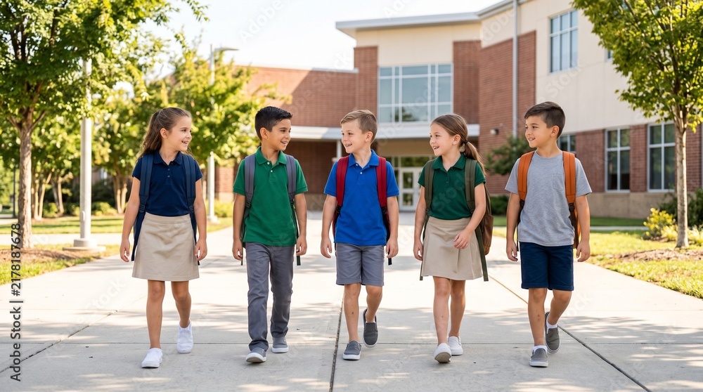 Fototapeta premium Group of cheerful elementary students wearing school uniforms and backpacks walking together outside modern school building