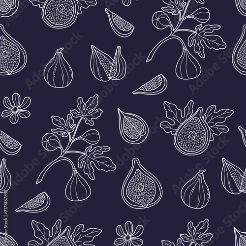 Seamless Pattern Fig. White Line Art Botanical Branch, Rhizome, Ripe Fruits, Cut Half and Botanical Tree Twig on Dark Blue Background. Vector Illustration. Hand Drawn Organic Packaging Fabric Print.