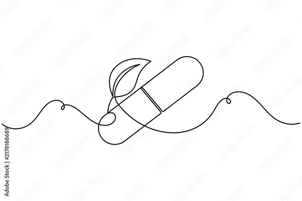 Obraz premium Medical nutrition herbal capsule pill sign continuous one line drawing on white background minimalist healthy lifestyle based made from natural ingredients symbol editable outline vector illustration