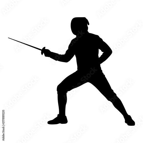 Canvas Print Fencer in ready stance aims sword forward isolated against a white backdrop