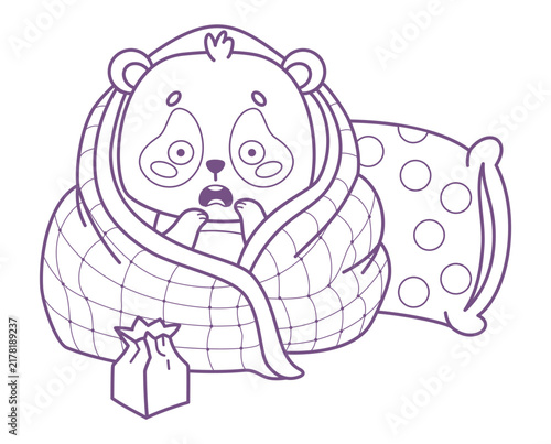Outline Cute Kawaii Panda Having Panic Attack Wrapped In Blanket With Paper Bag. Scared Bear With Anxiety. Line Drawing, Coloring Page. Vector Illustration. Mental Health Disorders. Stress Relief.