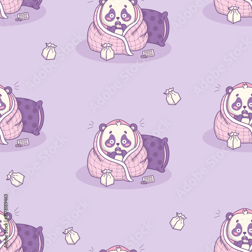 Seamless Pattern Cute Kawaii Panda Having Panic Attack Wrapped In Blanket With Paper Bag. Scared Bear Character With Anxiety And Pill on Purple Background. Vector Illustration. Mental Health Disorders