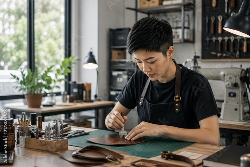 Artisan Creating Leather Products In A Bright Contemporary Workshop With Natural Illumination