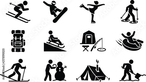 Set of winter sports and outdoor activities icons featuring skiing snowboarding skating and camping symbols