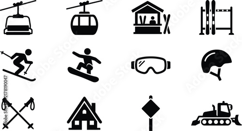 Set of winter sports and ski resort icons featuring equipment activities and mountain infrastructure elements