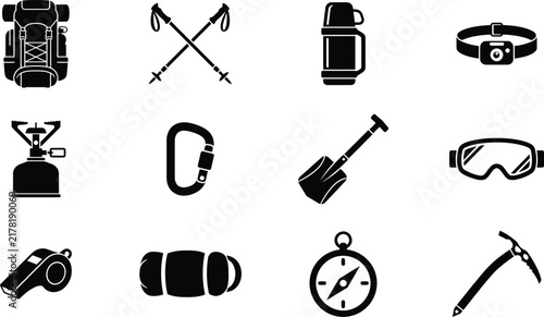 Set of camping and hiking equipment icons for outdoor adventure and mountain trekking vector illustration