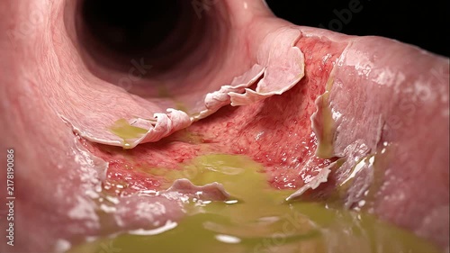 Endoscopic Internal View of Damaged Mucosa and Peeling Tissue in GI Tract