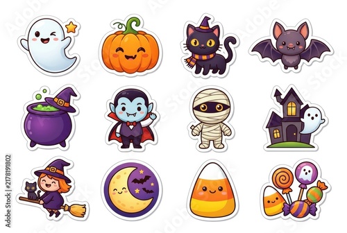 A set of cute cartoon Halloween stickers featuring ghosts, pumpkins, a black cat, bats, a witch, a vampire, a mummy, candy and a haunted house on a white background. 