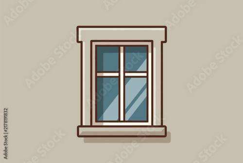 Single pane window with a thick brown frame set into a neutral wall background in a simple and clean architectural style.