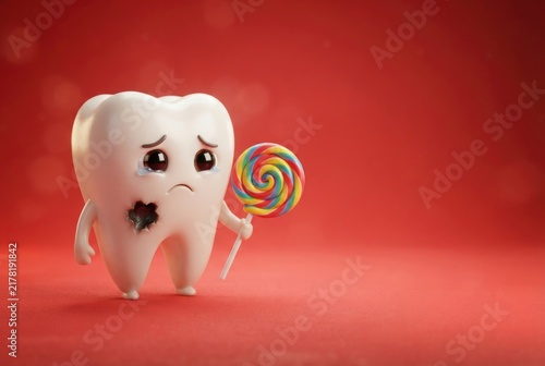 A sad cartoon tooth with a cavity holds a colorful lollipop on a red background. Concept of tooth decay from sugary treats.