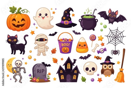 A set of cute cartoon Halloween stickers featuring pumpkins, ghosts, bats, and candy on a white background. Concept of playful Halloween stickers for kids' crafts.
