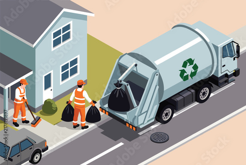 Isometric view of a garbage truck with a recycle logo collecting trash bags from a residential house with workers in orange uniforms.
