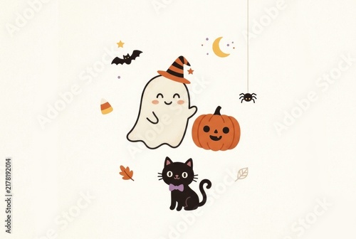 A cute cartoon ghost wearing a witch hat stands beside a smiling jack-o'-lantern and a black cat with a bowtie on a cream background. Concept of friendly Halloween characters for kids.