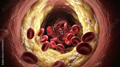 Internal Flythrough of Clogged Artery with Atherosclerosis and Flowing Red Blood Cells