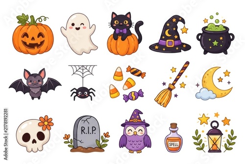 A set of cute Halloween sticker icons showing a smiling pumpkin, ghost, black cat, witch hat, cauldron and other friendly spooky characters on a white background.


