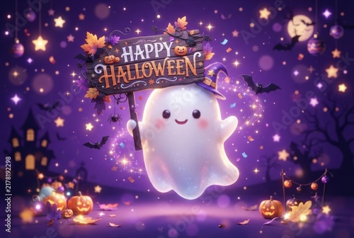 A cheerful cartoon ghost wearing a witch hat holds a 