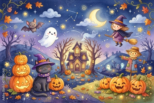 A whimsical Halloween illustration shows a black cat in a witch hat among smiling pumpkins, a friendly ghost, a flying witch and a cozy haunted house. Concept of whimsical children's Halloween scene.
