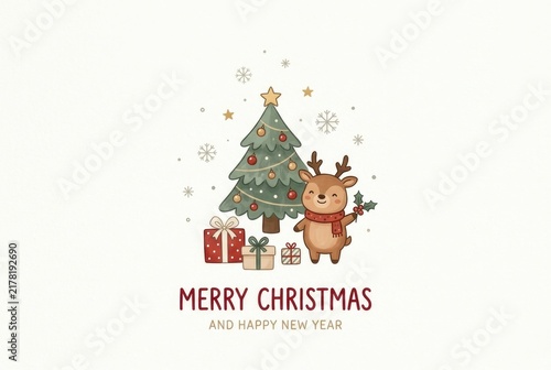 A cute reindeer stands beside a decorated Christmas tree with wrapped presents and falling snowflakes.
Concept of cheerful holiday greeting card.