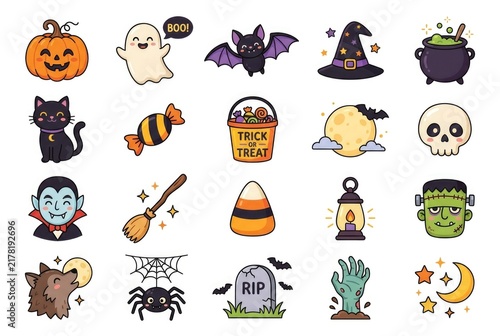 A set of cute Halloween cartoon icons featuring a jack-o'-lantern, smiling ghost, bat, witch hat, black cat, bubbling cauldron, vampire, mummy and candy on a white background.

