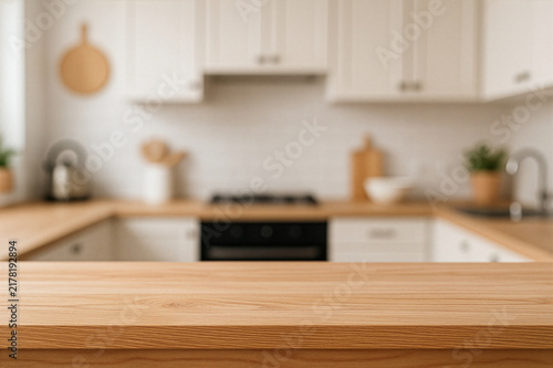 wooden top table with blurry kitchen set background