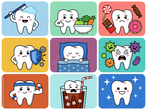 Foto Cute Cartoon Dental Care Icons and Tooth Characters Set