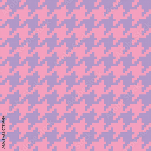 Purple on pink houndstooth pixel seamless pattern vector background, geometric dogtooth ornament for textile and wallpaper