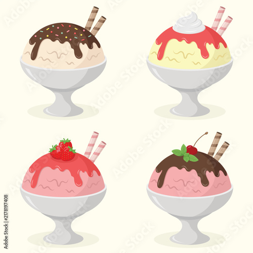 Cute set of ice cream in bowls decorated with syrup, berries and wafer rolls. Summer dessert vector illustration.