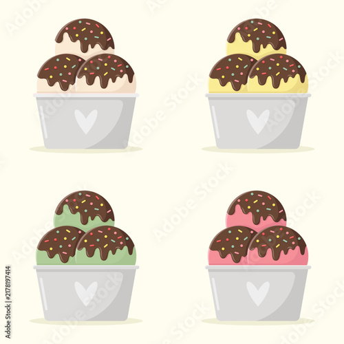 Cute set of ice cream in bucket decorated with syrup, and sprinkles dripping. Summer dessert vector illustration.