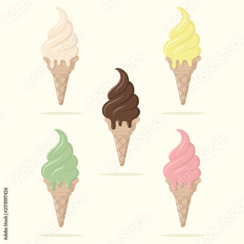Cute set of ice cream in waffle cones. Summer dessert vector illustration.