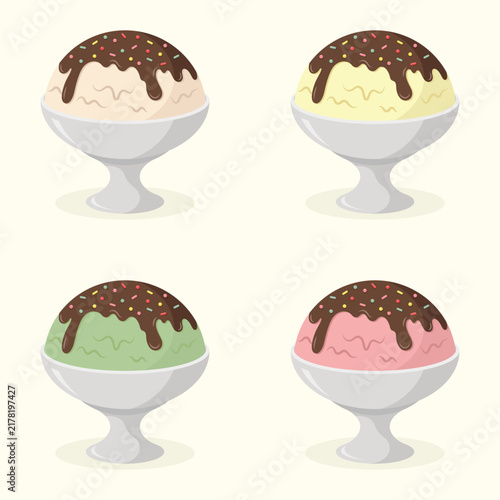Cute set of ice cream in bowls decorated with syrup, and sprinkles dripping. Summer dessert vector illustration.
