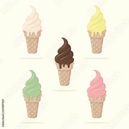 Cute set of ice cream in waffle cones. Summer dessert vector illustration.
