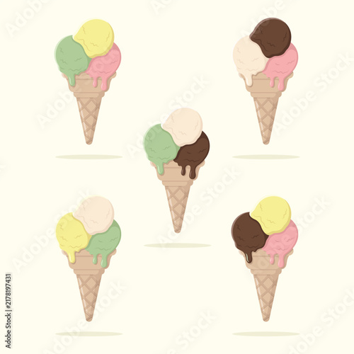Cute set of ice cream scoops in waffle cones. Summer dessert vector illustration.