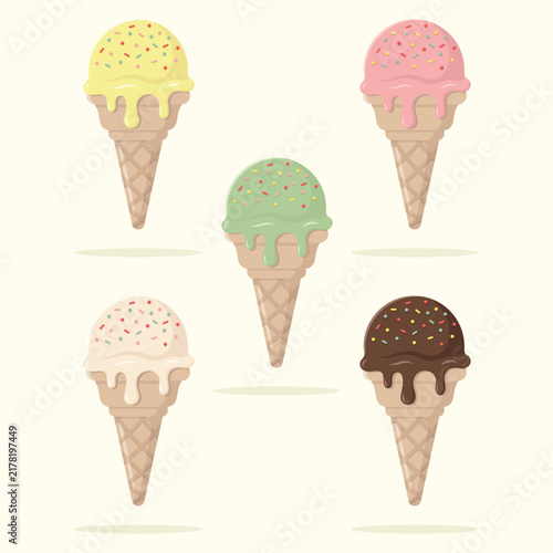 Cute set of ice cream scoops in waffle cones with sprinkles dripping. Summer dessert vector illustration.